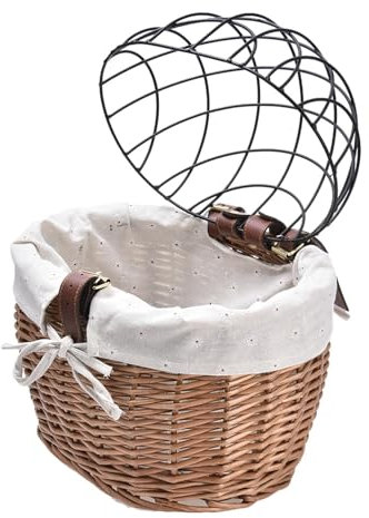 Naqqios Cesta de Bicicleta para Gatos – Cesta Tejida a Mano para Bicicleta de Gato | Cesta de Mimbre Trenzada Delantera con Funda de Malla de Alambre | Soporte para Perros para Bicicleta Desmontable