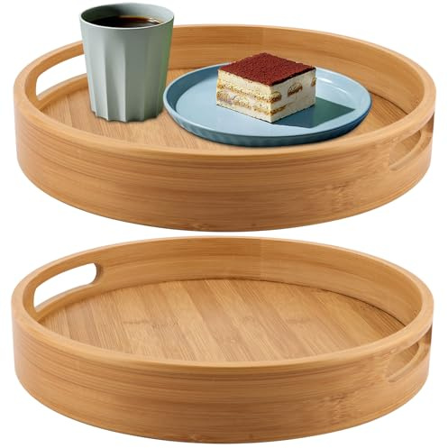 FAAING 2 stycken 30 cm Bambusfat Rund, Stort träserveringsfat med handtag, Träfat Rund Köksfat Bambus Serveringsfat för Frukost, Te, Soffbord, Kök