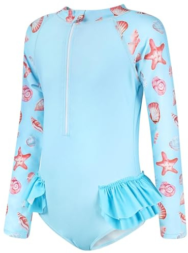 JiAmy baddräkt för flickor barn långärmad UV baddräkt en del sommar sportig rash guards för 3–12 år/98–158, blå, 9-10 år
