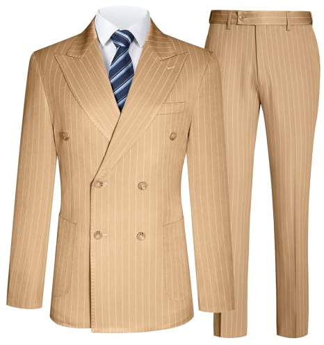 Mens Suits Slim Fit 3 Piece Double Breasted Tuxedo Suit Jacket Vest Pants Set for Wedding Prom, Champagne Pinstripe, XXL