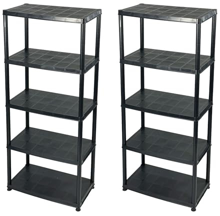 Addis 5 Tier Plastic Storage Shelving Units Twin Pack – Durable Freestanding Organiser for Garage, Shed, Utility Room, or Home – Space-Saving Easy Assembly Plastic Black