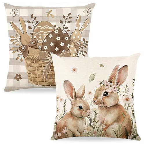 AOOTUERL Kissenbezug Ostern, 2 Stück Kissenbezug 40x40, Osterdeko Leinen Kissenhülle, Outdoor kissenhüllen 40x40, Hase Kissenbezüge Häschen Ostereiern Für Zierkissenhülle Sofa