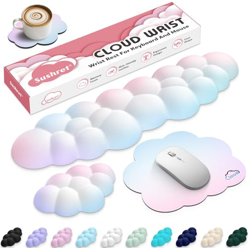 Sushret Reposamuñecas Nube para Teclado y Ratón, Set 4 en 1 de Espuma de Memoria con Superficie de Cuero Sintético, Soporte Ergonómico para Muñeca, Brazo y Palma, para Gaming y Oficina