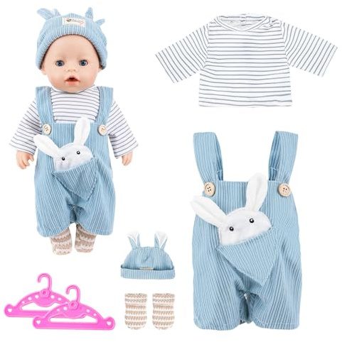 TZQFROCE Vêtements de Poupée pour Bébé 35-45 cm Ensembles de Vêtements pour Poupées Bébé avec Chapeau, Manches Longues, Pantalon, Chaussettes et Cintre Cadeau pour Enfants Filles et Garçons - Bleu