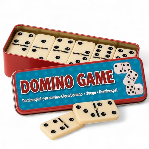 MIJOMA Dominospiel in Retro-Metalldose - 6er Domino mit 28 Steinen - Klassisches Familienspiel für Kinder & Erwachsene - Reise- & Geschenkidee - Gesellschaftsspiel ab 4 Jahren