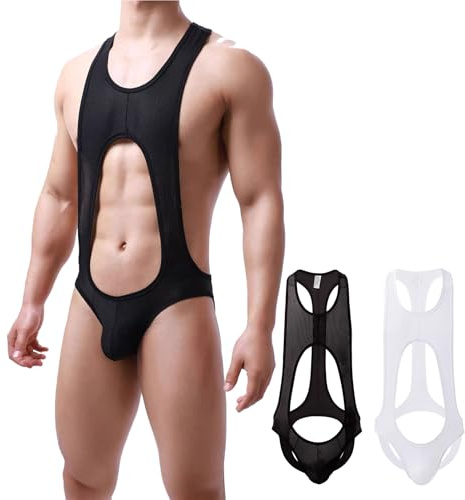 BLESO Men's Mesh Wrestling Singlet Thong Sexy Bodysuit One Piece Cutout Leotard Jumpsuit Base Layer Lingerie for Men 2 Pack