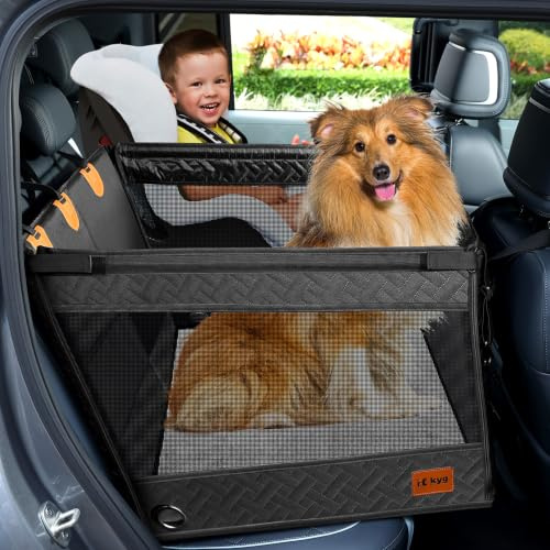 KYG Large Dog Car Seat for Medium to Large Dogs, Waterproof Rear Seat Extender with Mesh Windows, Foldable Pet Carrier with Base Plate, Safety Tether, Non-Slip Mat – for Cars, SUVs, Camping, Black