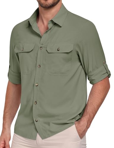 heekpek Camisas Hombre Manga Larga Verano Safari Camiseta con Botones Proteccion Sola UVUPF50+ para Senderismo Pesca, Verde Militar, L
