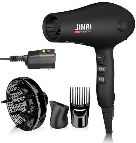 Hair Dryer - JINRI 1875W Diffuser Blow Dryer for Salon & Personal Use – Powerful, Fast Drying with Diffuser, Comb & Nozzle for Women & Men, ALCI Safety Plug, Black