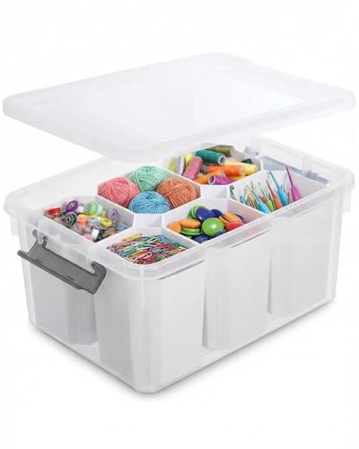 EOENVIVS Clear Plastic Storage Box with Dividers, Transparent Organizer Bin with Lid and Handle, Multi-Compartment Container for Office Supplies, Craft Tools, Cables and Accessories