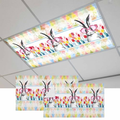 Fluorescent Light Covers, Easter Bunny Magnetic Light Covers for Ceiling Lights, Spring Tulips Oil Painting Abstract Modern Fluorescent Ceiling Shade Filters for Classroom Bedroom Office 4x2Ft x 2PCS