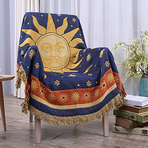 Erke Moon and Sun Throw Blanket Celestial Chair Recliner Cover Bed Spread Hippie Room Decor, Double Sided Cotton Woven Sofa Couch Furniture Aesthetic Witchy Throws - 50 X 70, Yellow/Blue