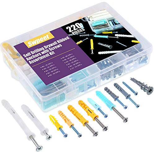 Swpeet 220Pcs Assorted Sizes Hollow Self Drilling Drywall Anchors Kit, Plastic Self Drilling Drywall Ribbed Anchors Assortment with Screws Perfect for Fixing Curtains, Calligraphy, Wall Cabinets