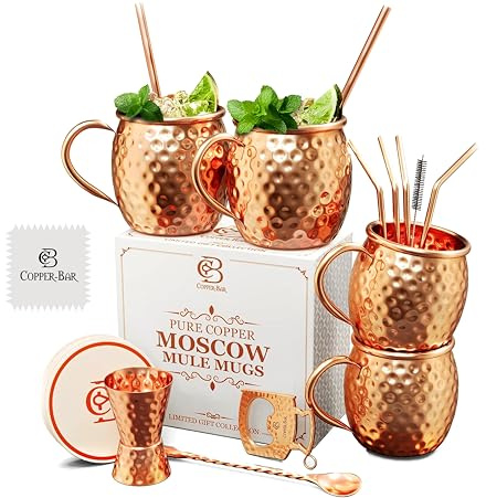 COPPER-BAR Moscow Mule Copper Mugs - Unique HANDCRAFTED Gift Set of 4, Hammered by Artisan, 100% Pure Solid Copper Cups 16oz for Drinking Water & Cocktails, Include 19 Pcs accessories & Special Opener