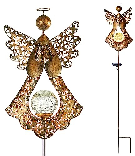 Starryfill Angel Stake Solar Lights with Crackle Glass Globe Waterproof Warm White LED, 40.5 inches Height Metal Bronze Stake Garden Patio Art Decor, Memorial Gift for Mom Women or Friends