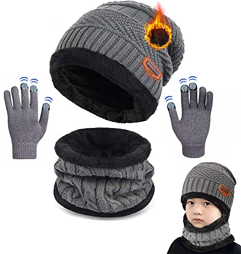 CheChury Niños Sombrero Caliente de Punto y Bufanda Guantes Tubular con Forro de Lana Niña Invierno Calentar Gorro Bufanda Sombrero Bufandas Set Tejido Gorro Punto Regalos