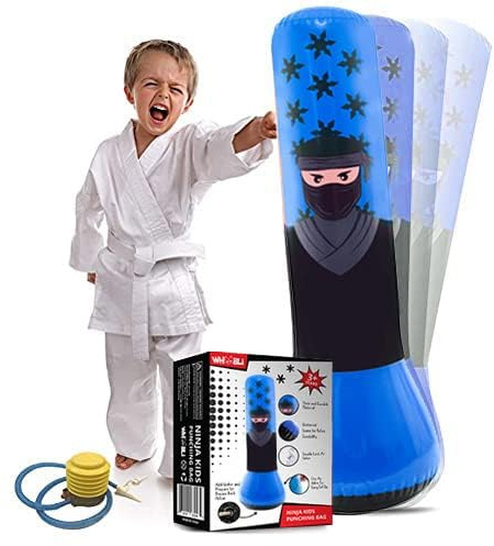 Whoobli Ninja Inflatable Kids Punching Bag, Inflatable Toy Punching Bag for Kids, Bounce-Back Bop Bag for Play, Boxing, Karate, Anger Management, Gift for 3-7 Years Old, Toys Age 3 4 5 6 7; New 2025