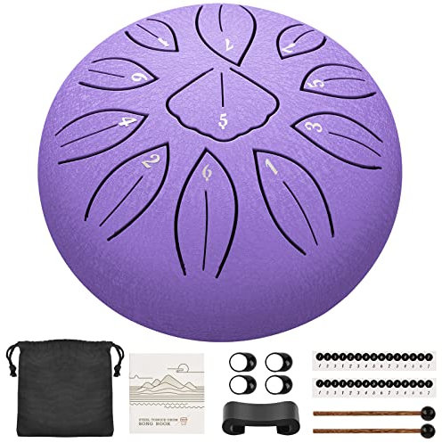 LEKATO Steel Tongue Drum, 6 Zoll 11 Tone C Zungentrommel Schlagzeug, Steel Pan Töne Schlaginstrument Hand Pan Drum für Meditation Yoga Klangheilung, Lavendel
