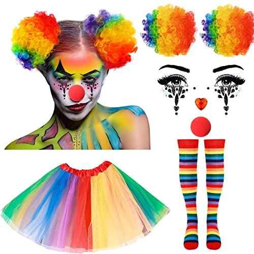 Hicarer 6 Pcs Clown Costume for Women Clown Wig Tutu Skirt Striped Socks Face Gems Red Nose for Party Accessories(Rainbow)