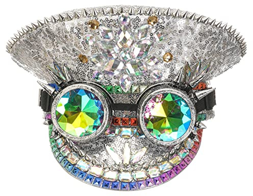 Bslingerie Halloween steampunk cosplay paljetthatt rave party festival kapten huvudbonad med glasögon, Silver – kristall, en storlek