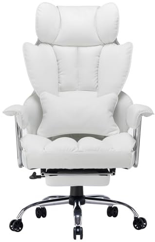 Efomao bürostuhl ergonomisch, PU Leder Chefsessel, bürostuhl 200 kg mit Fußstütze und Lendenwirbelstütze, Verstellbarer Stuhl mit hoher Rückenlehne, Weißer