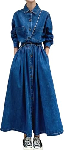 Goolecrimp Abito Casual da Donna con Bottoni Primavera Autunno Abito in Denim Elastico in Vita con Bottoni Orlo Lungo in Camicia di Jeans Abito da Festa Mini Abiti Lunghi (Blu,M)
