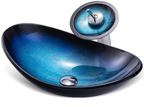 Gvqng Lavabo De BañO sobre Encimera, Lavabo De Vidrio Templado sobre Encimera, Lavabo De BañO Artistic, InstalacióN sobre Encimera Lavabo Ovalado sobre Encimera,02