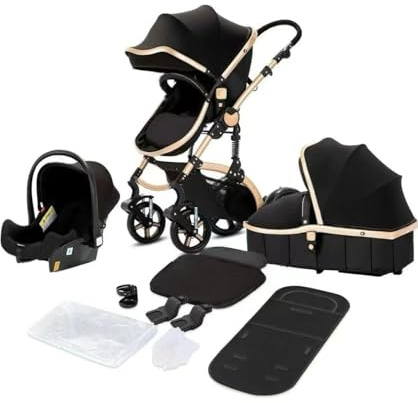 3 in 1 Baby Travel System - Foldable Lightweight Pram, Pushchair, Portable Stroller with Aluminium Frame in Black and Rose Gold for Newborns and Toddlers