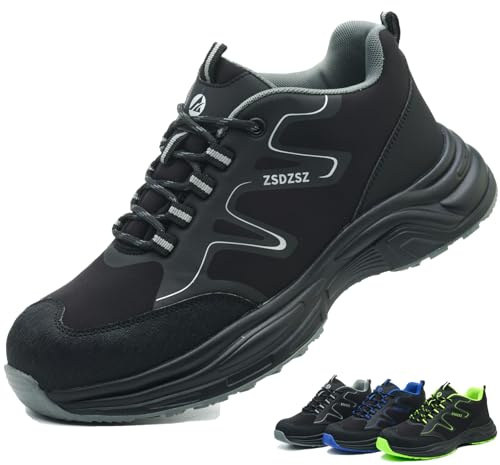 Zapatos de Seguridad para Hombre Mujer Zapatillas Trabajo con Punta de Acero Ligeros Transpirable Calzado de Seguridad Antideslizantes Comodo Zapatos de Trabajo, Negro, 43 EU