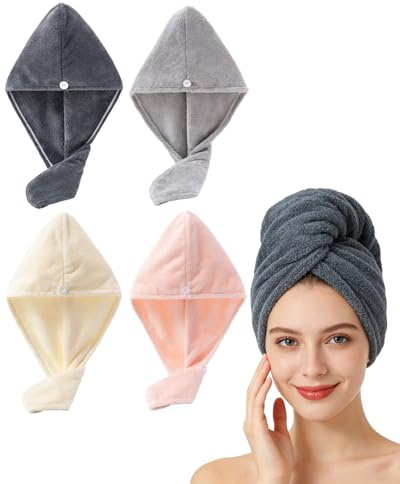 Lumimi 4 Stück Haarturban Set Leicht Angenehm Extra Saugfähig Schnell Trocken Flauschig Haarkuren Grau Dunkelgrau Hellrosa Weiss