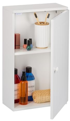 Relaxdays Armario Baño Colgante, con Puerta, 2 Estantes Ajustables, 50 x 30 x 15,5 cm, Mueble Aseo para Pared, Blanco