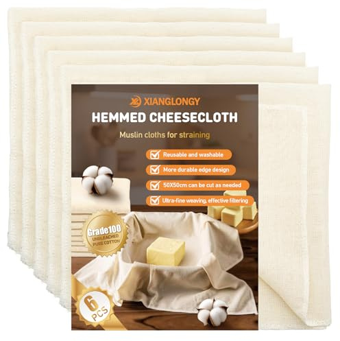 6 Pieces of Reusable Cheese Clothes for Straining, 50X50cm Muslin Clothes for Cooking, 100% Unbleached Cotton Plain Cheesecloth for Scanning, Suitable for Filtering Cheese, Butter, Juice, Nut Milk