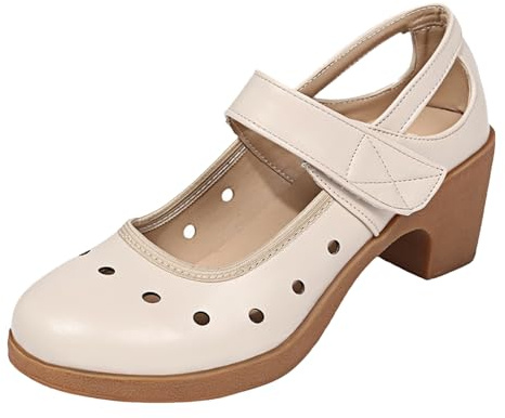 HIPPOSEUS Chaussures Escarpins Blanc cassé Mary Jane à Découpes et Talons Chaussures de Travail Confortables Habillées avec Talon Bloc 5cm,36 EU