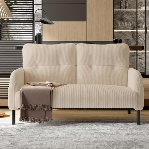KOMHTOM Petit Canapé 2 Places en Velours Côtelé avec Dossier Haut Confortable, 4 Poches et Pieds en Métal - Canapé d'angle Moderne pour Salon, Chambre à Coucher et Bureau (Beige-2)