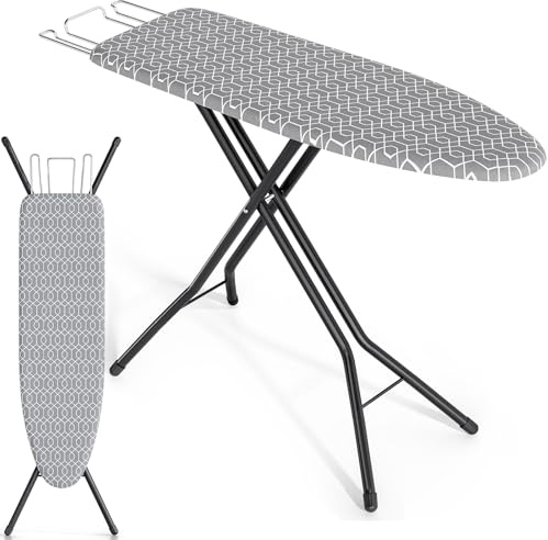 KINGRACK Planche à Repasser avec Appui à Fer, Planche Repasser Pliable avec Réglable en Hauteur, Support de Table en Fer Lourd avec Couvercle Extra épais et Jambes en Métal, 33 x 110 cm Gris