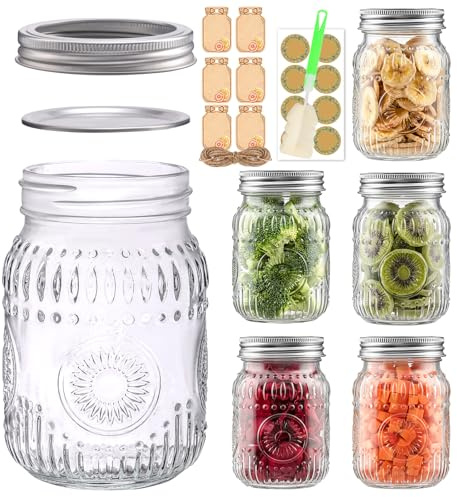 EkkoVla 500ml Glass Mason Jars, 6-Pack with Airtight Lids – BPA-free, Food-safe Embossed Jars for Preserving, Pickling & DIY Crafts