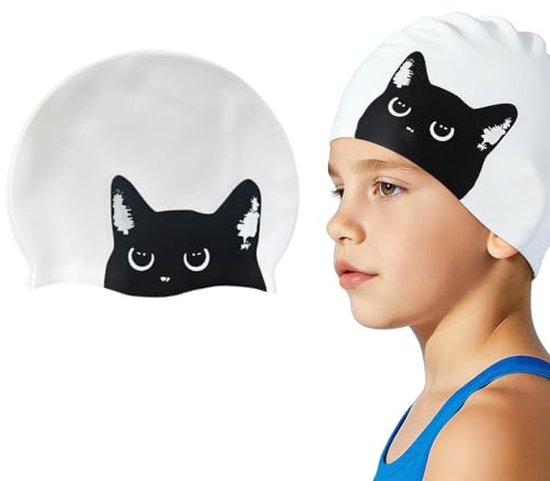 PBAHAUP Gorro Piscina Niña, Gorro Piscina Niño con Estampado de Gato Divertido, Gorro de Natación para Niños 4-12 años, Silicona, Impermeable, con Diseño Divertido y Antideslizante