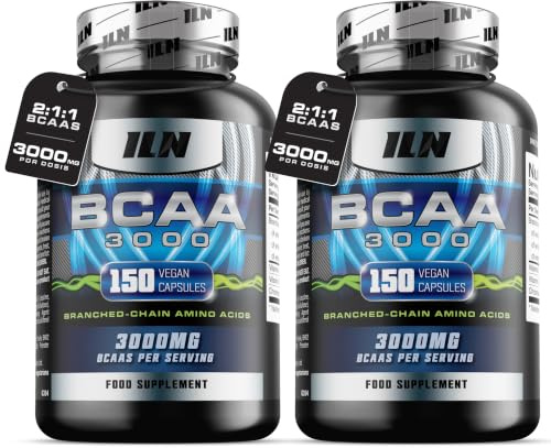 ILN BCAA Cápsulas 3000mg – Suplemento de Aminoácidos 2:1:1 Esenciales (150 Cápsulas – Suministro 1 Mes) – Vegano y Vegetariano (Paquete de 2)