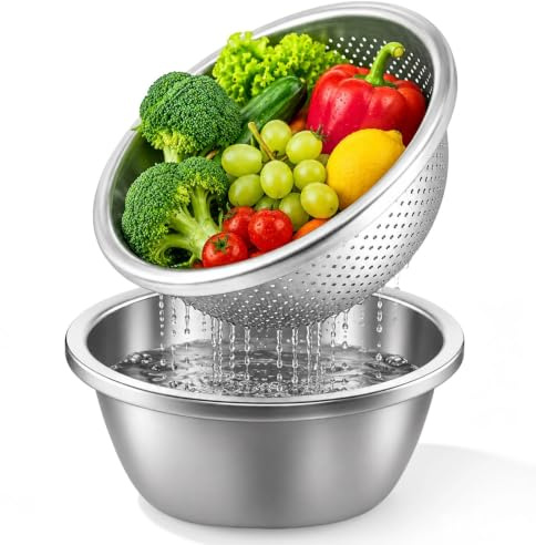 Ehanfus 2 Piezas Colador Pasta de Cocina Apilable, Coladores Cuencos Bol de Acero Inoxidable 22 cm para Verduras, Frutas, Ensalada, Arroz, Preparación de Alimentos (Plateado)