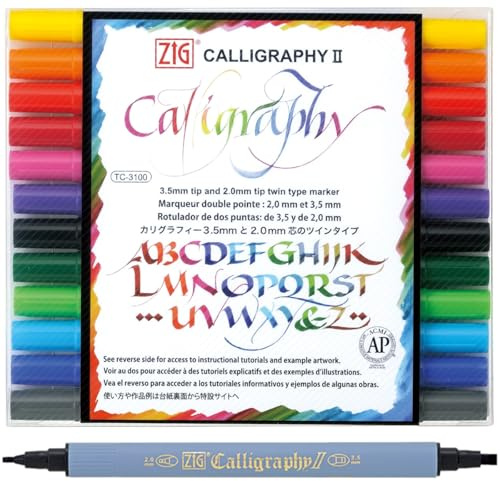 Kuretake ZIG Calligraphy Marker Pens, 12 Colors set, 2mm & 3.5mm Dual Tip Markers, for Writing & Hand Lettering, for Professional, Beginner, Water-based dye ink, Made in Japan