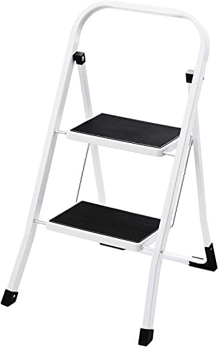 Escabeau en Acier De 2 Marches Tabouret Marche Pied Pliant L46 x l71 x H104 cm Echelle avec Pieds Anti Dérapant Max 150Kg (2 marches)