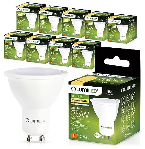 Lumiled GU10 LED 5W 470 Lumen Leuchtmittel, 3000K warmweiß Birne Lampe Strahler Spot, ersetzt 35W Halogenlampen, 120° Grad Strahlwinkel Reflektorlampen Reflektor 10 Stück Energiesparlampen