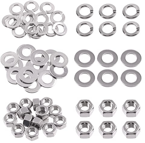 Swpeet 45Pcs SAE 304 Stainless Steel 3/8-16 Hex Nuts and #3/8 Flat Washers with #3/8 Split Lock Washers Assortment Kit, Coarse Thread Hexagon Nut for Home Automotive Shop Use