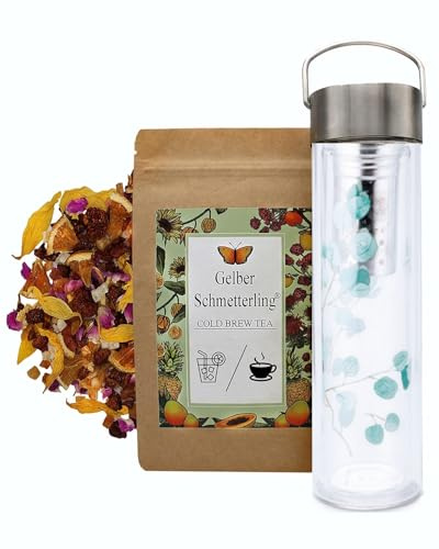 Teeparadies Löw Gelber Schmetterling Mango Mandarine Früchtetee Lose 250g - Mild & Natürlich - Tee Warm & Kalter Tee Kalt Aufgießen - Hot & Cold Tea Teemischung - Mit 0,35 L Cold Brew Flasche