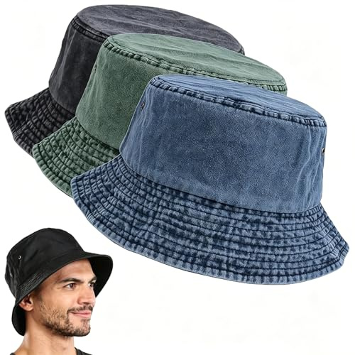 OuMaiFeng 3 Pack Vintage Denim Fishing Bucket Hats for Men Women Waterproof Breathable Wide Brim Hat Sun Hats UV Protection Hat Walking Hiking Boonie Hats Chin Strap (Blue+Green+Black)