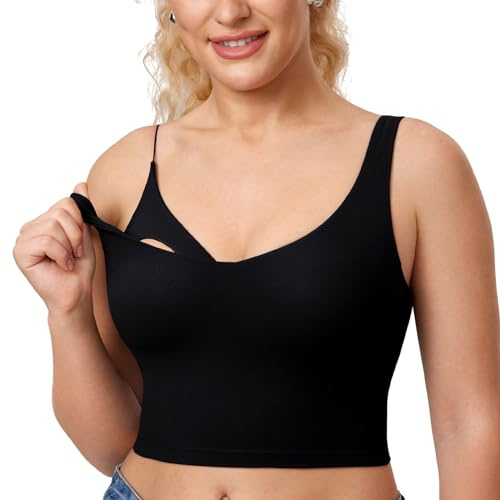 MOMANDA Nursing Tank Top V Neck Sports Tank with Built in Bra Padded Breastfeeding Sleeveless Crop Tops Black L