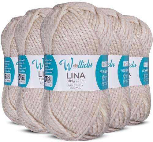 Wollidu Lina Wolle zum Stricken und Häkeln 500g 80% Polyacryl 20% Schafwolle Mulesing-frei Oeko-Tex 5x 100g/90m Häkelwolle/Strickwolle - Sandfarben