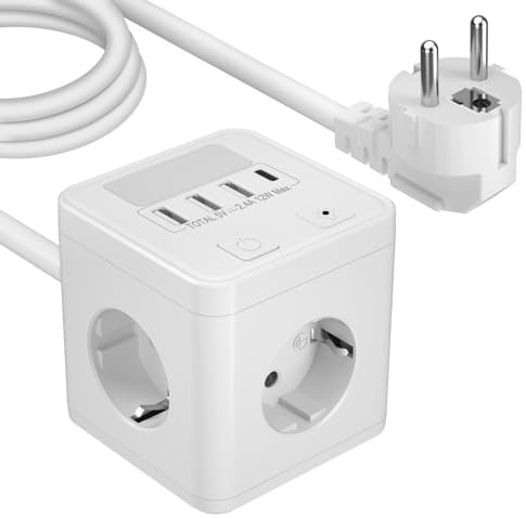 Steckdosenwürfel mit USB C,Steckdosenleiste 4Fach mit USB C und 3USBA, Überspannungsschutz Mehrfachsteckdose Würfel mit Nachtlicht, Mehrfachstecker mit Schalter für Zuhause Büro, 1,5m Kabel Weiß