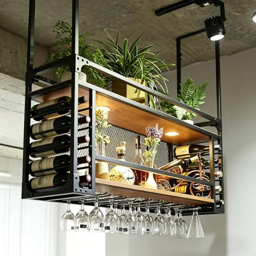 amhricho Estante de Techo, botellero Colgante de Gran Capacidad, se Puede Colgar o Montar en la Pared, botellero Simple con luz, Adecuado para Bares, restaurantes (140 * 30 * 55+40cm)
