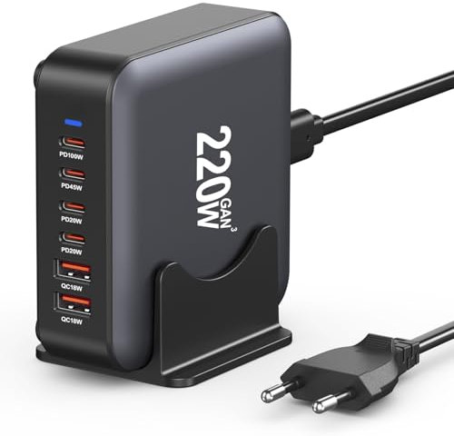 Estación de Carga GAN Compacto, 6 Puertos de 220 W - 4 USB C + 2 USB A - Compatible con iPhone/iPad/Samsung/Pixel/Laptop